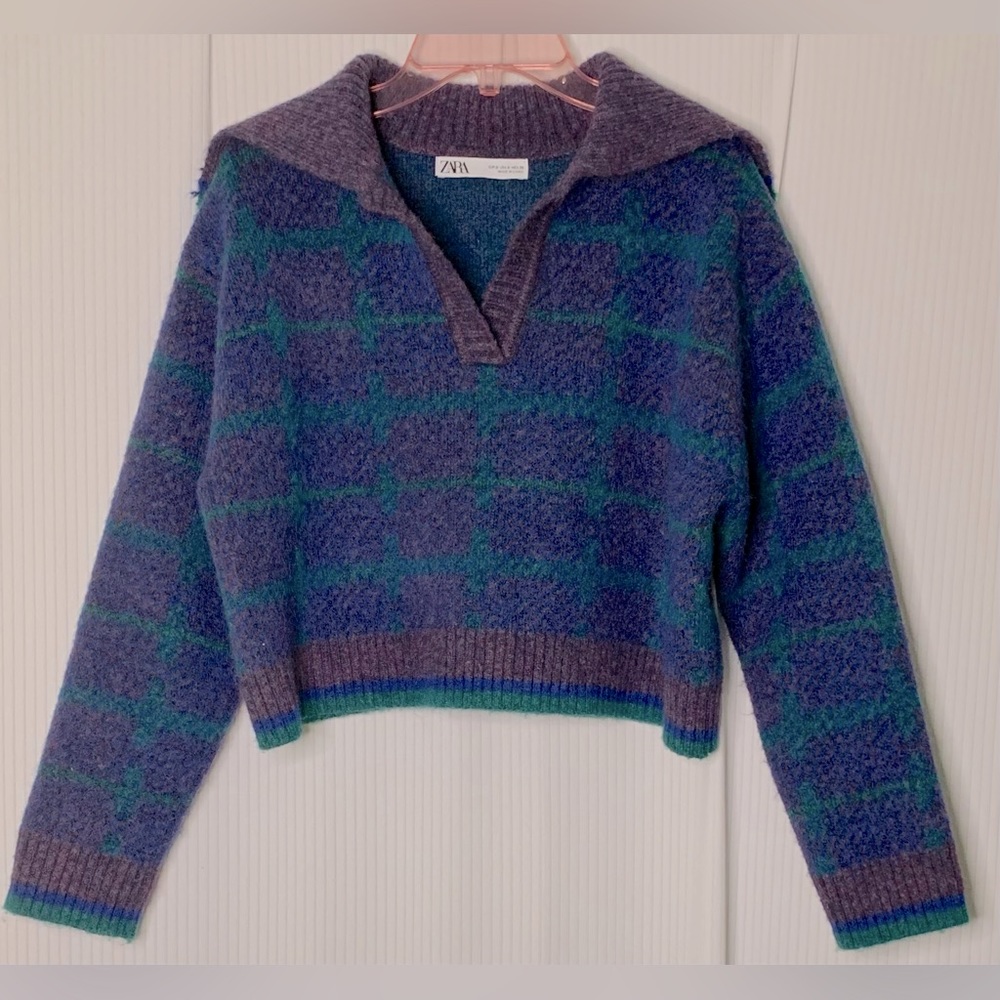 Zara Multicolored Collared Oversized Cropped Purple Blue Green Size Small